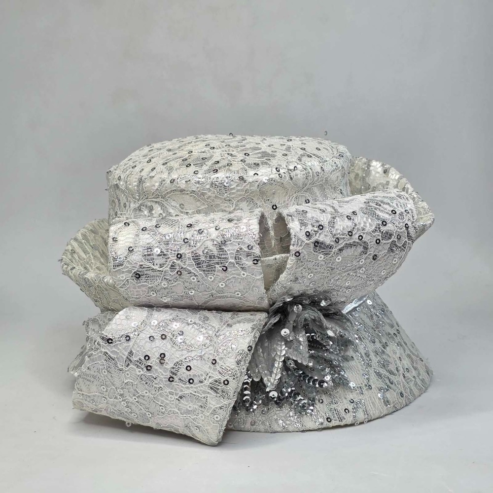 Ms Divine Hat Sun Women's Derby Church Brim Bow Rhinestone Sequin White Silver